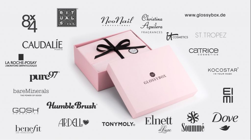 Die Glossybox umgeben von verschiedenen Marken aus den Bereichen Beauty und Kosmetik