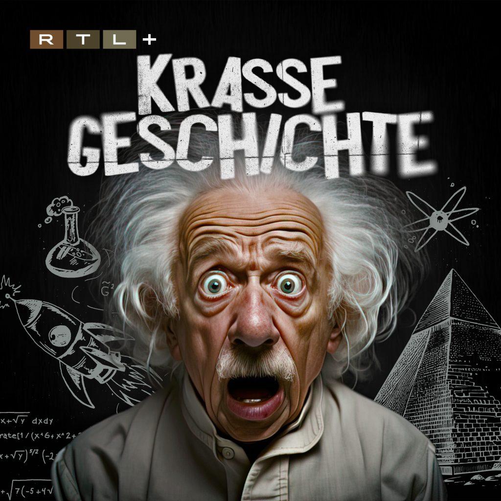 Logo des Podcasts "Krasse Geschichte" mit Albert Einstein